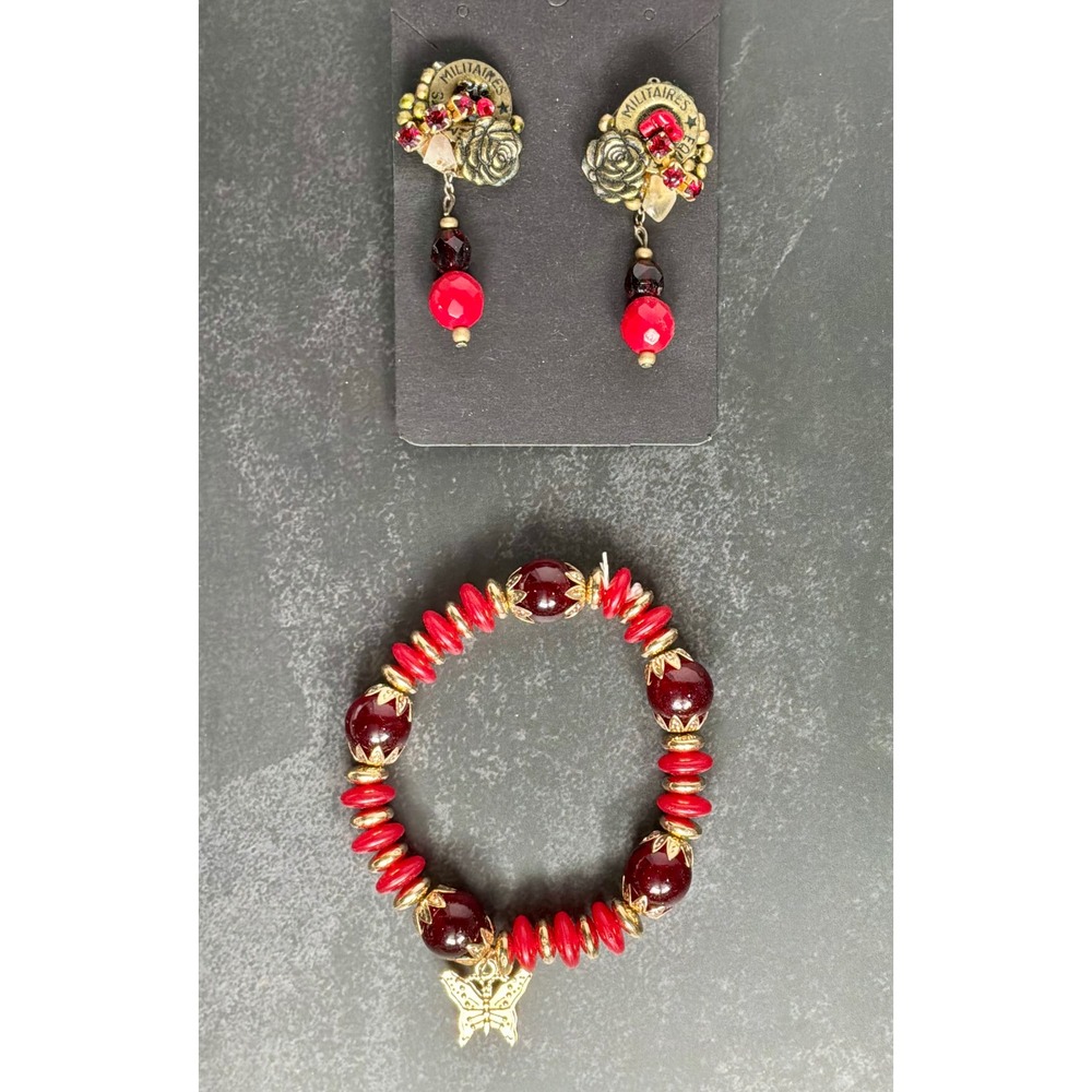 Red and Gold Set – Butterfly Bracelet & French Military-Style Earrings